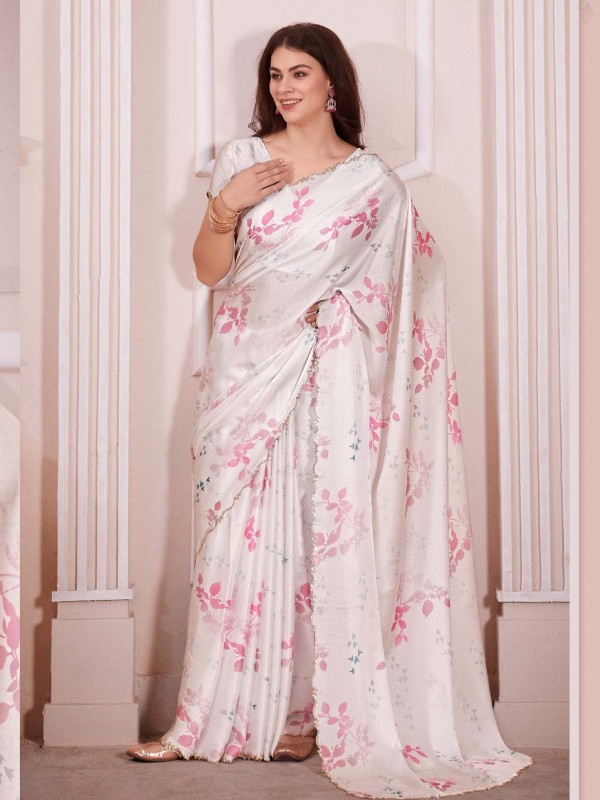 White Pure Satin Georgette Digital Print Saree